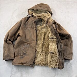 Vintage BKE Buckle Faux Fur Lined Hooded Jacket in Brown Men XL Heavyweight Y2K